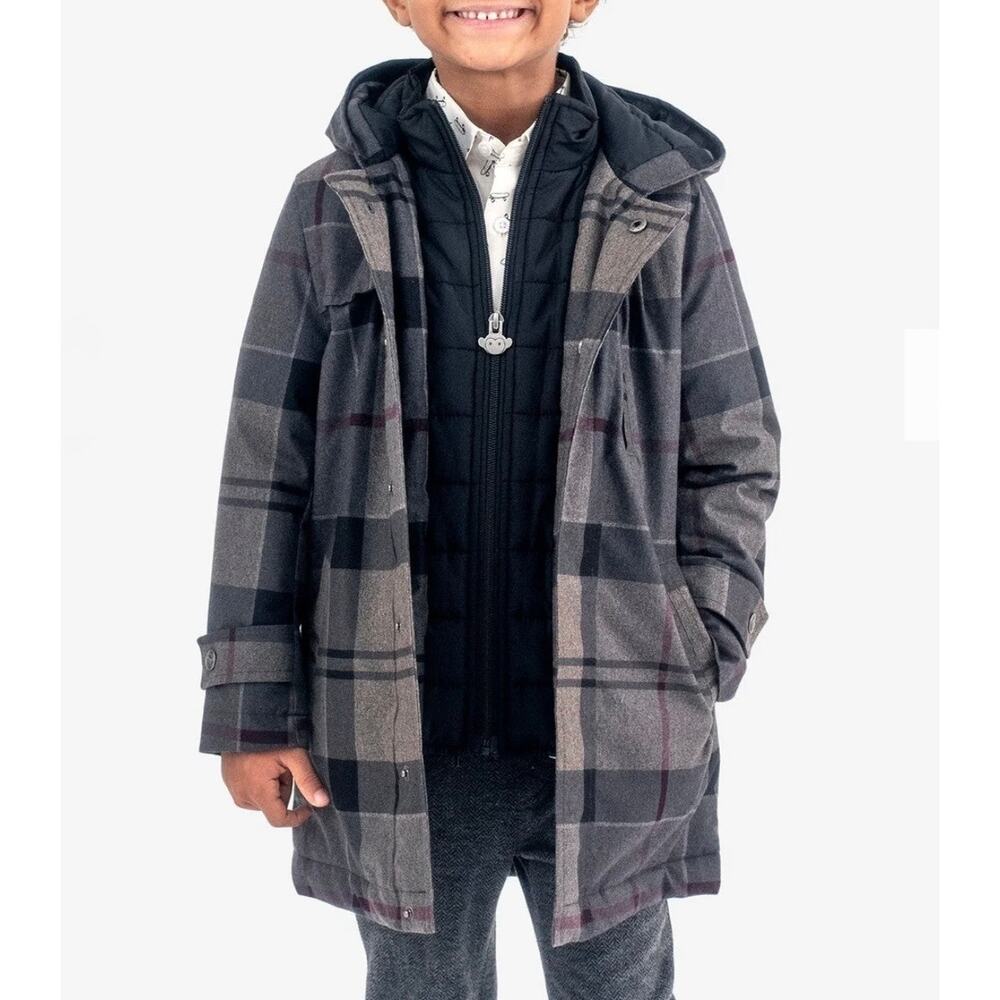 APPAMAN Grey Plaid Gotham Coat Insulated Hood Mid Length Boy's 14
